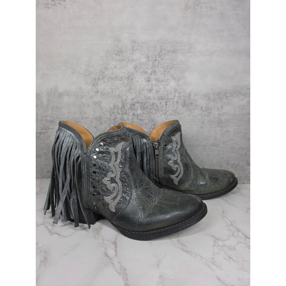 Sterling River Boots SR6000 Grey Leather Fringe Studded Western Booties 10M